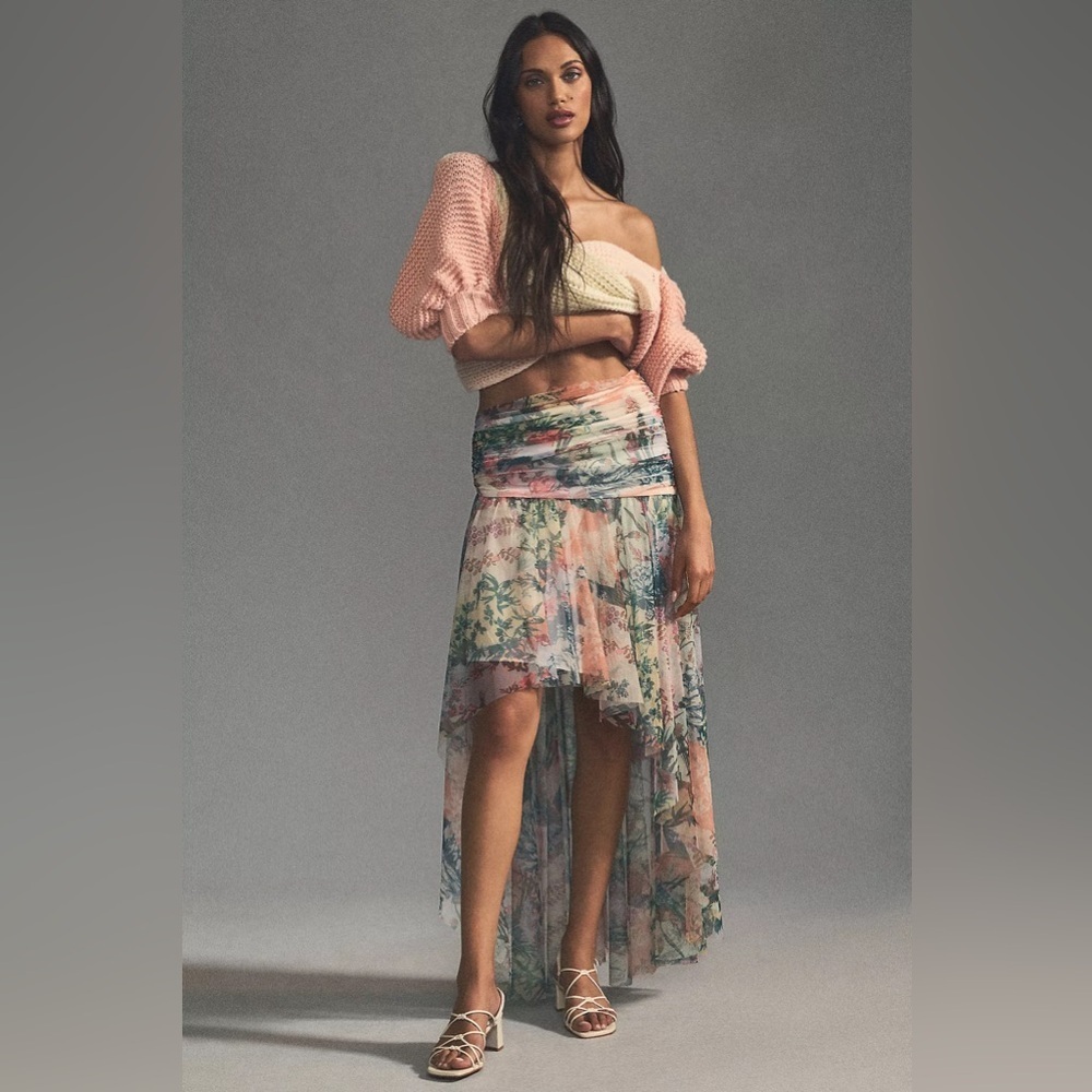 Anthropologie High-Low Tulle Maxi Skirt in Floral Pink Size 16 NWT Garden Party